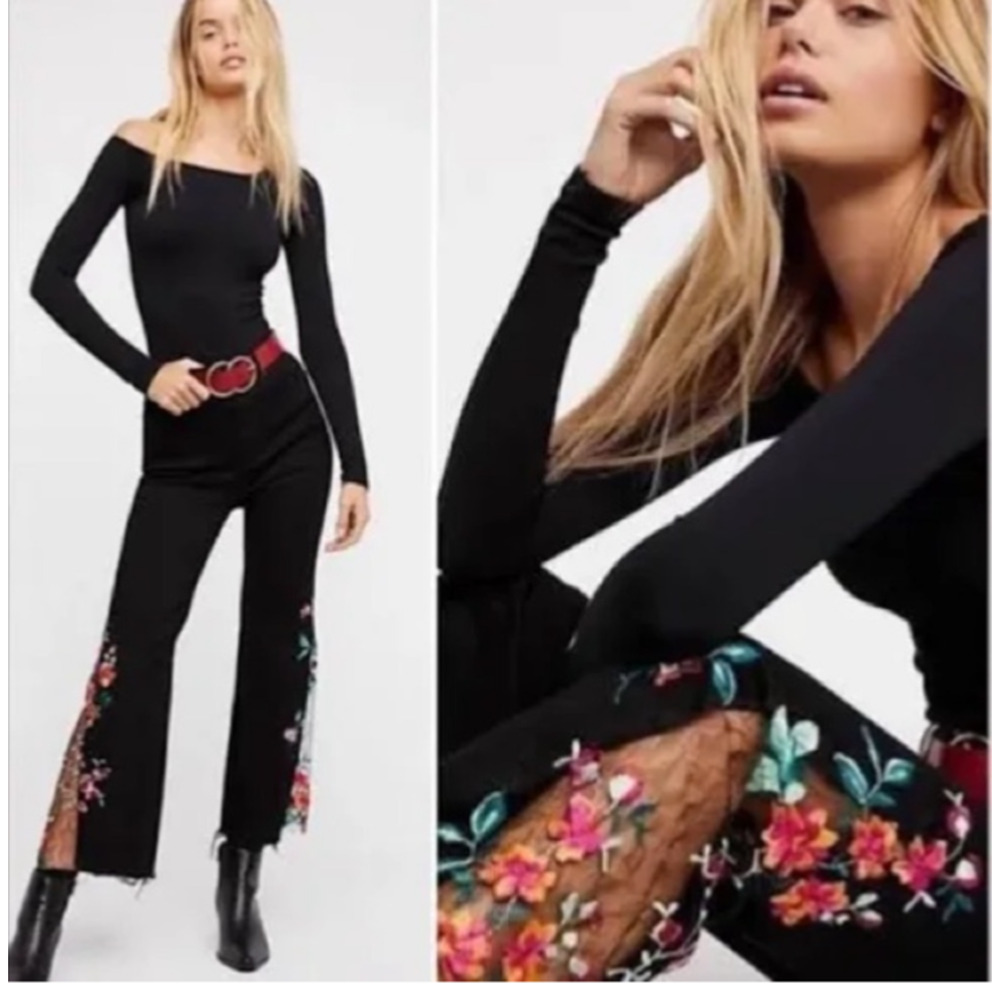 Free People We the Free Floral Embroidered Lace Flare Black Jeans 27x25.5